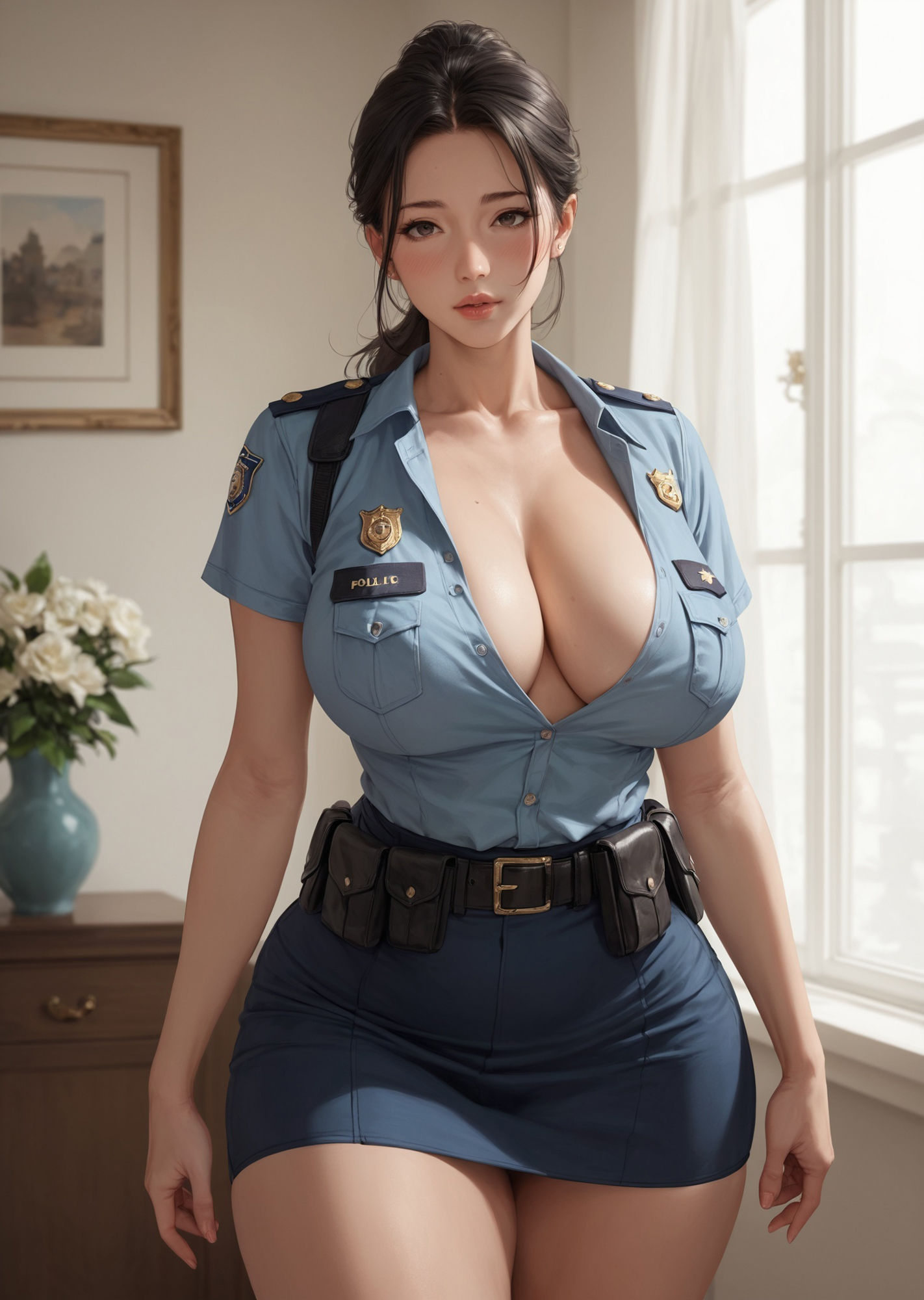 ［生成AICG］ポニーテール豊満人妻婦人警官の日常 サンプル1ページ目