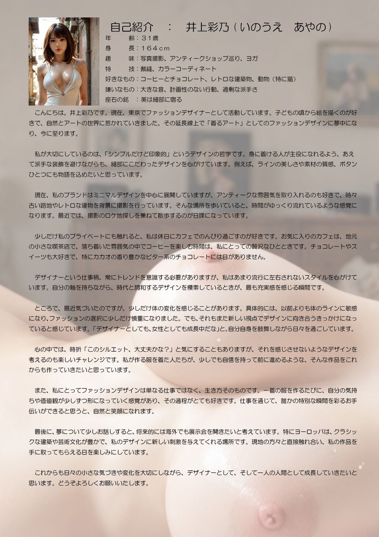 誰にも見せたことのない 極・秘密 内なる想いが静かに揺れる私 -井上彩乃- AI美女 アダルト写真集 巨乳美人 妊婦 サンプル5ページ目
