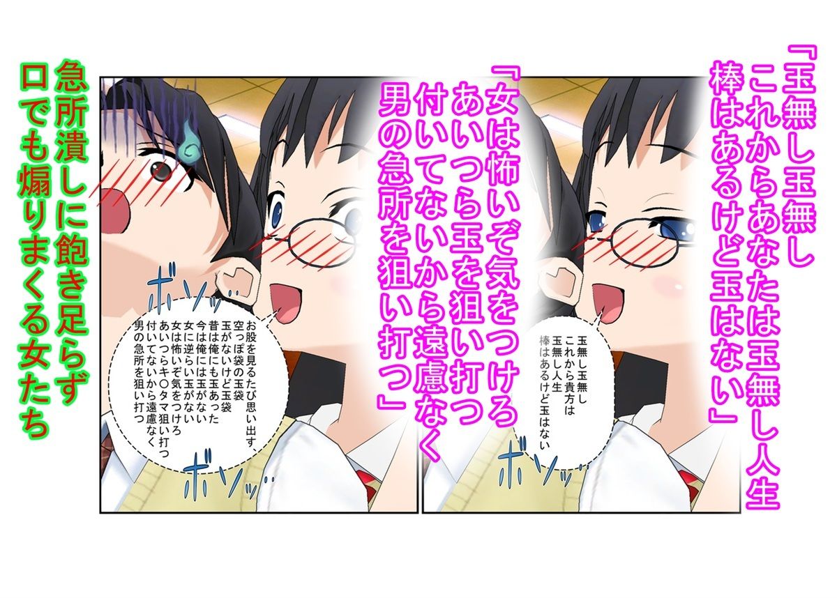 【金的・金的嘲笑】『元女子校の金的玩具二』「今日からクラスの女の子はみんな玉姉妹だね！」大事なタマタマを女子たちにおもちゃにされる元女子校唯一の男子生徒のお話 サンプル1ページ目