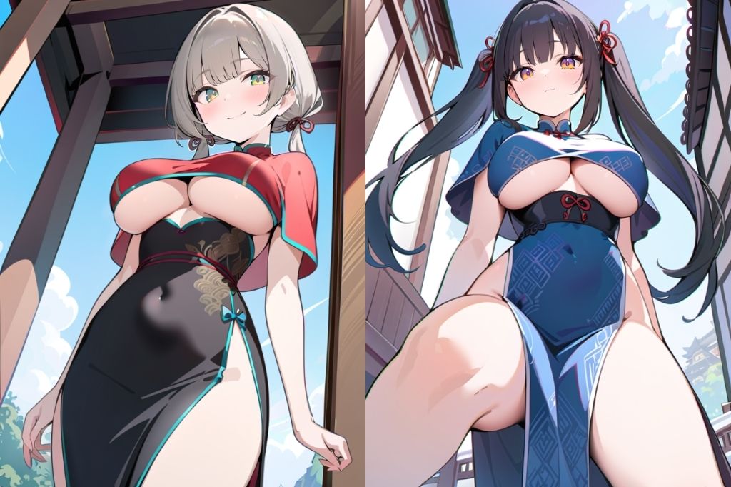 巨乳チャイナドレス美女をローアングルで眺める サンプル3ページ目