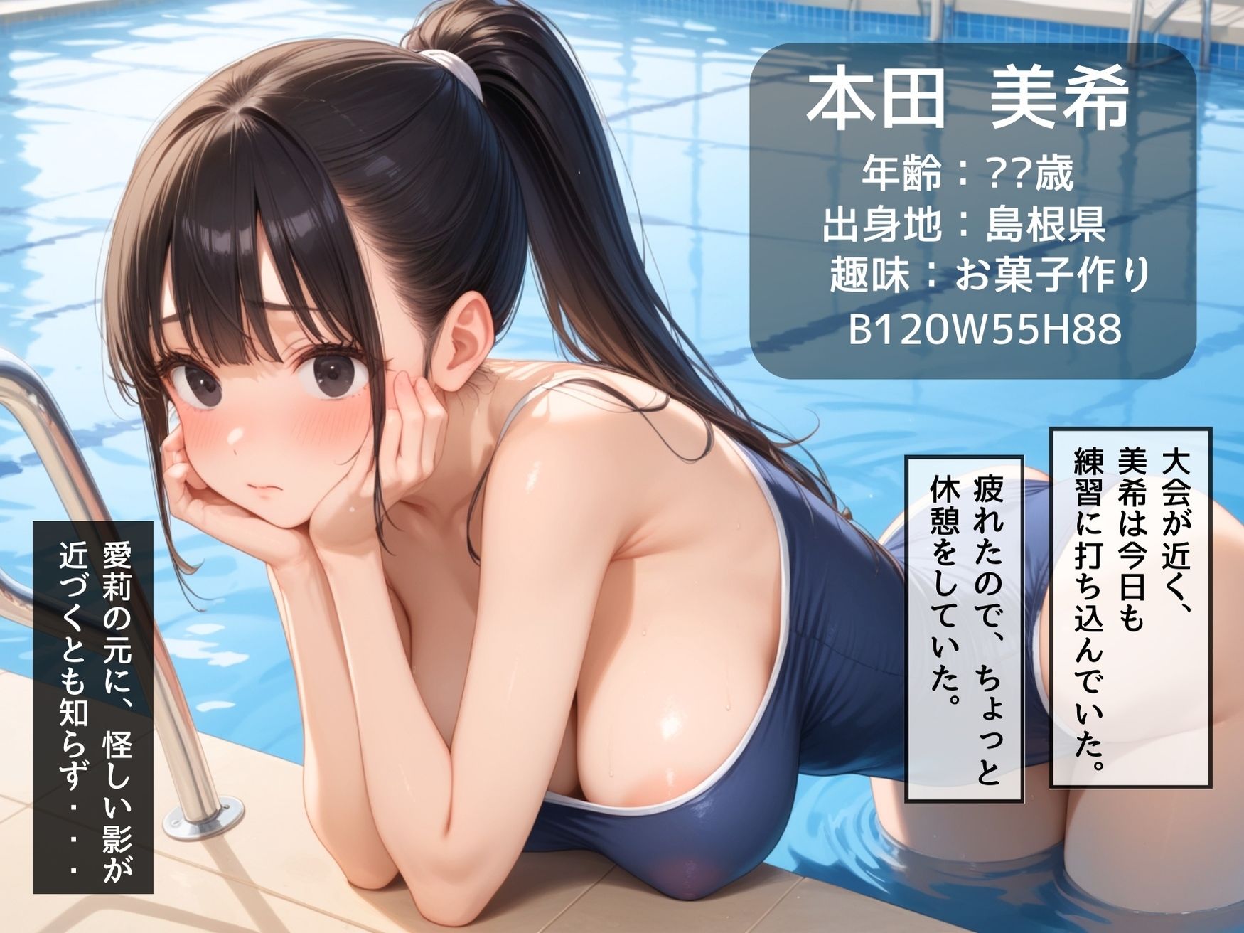 【ねぇ、どこ見てるの？】爆乳水泳部員の胸元が無防備すぎて、ちんちんイライラ大暴走 サンプル1ページ目
