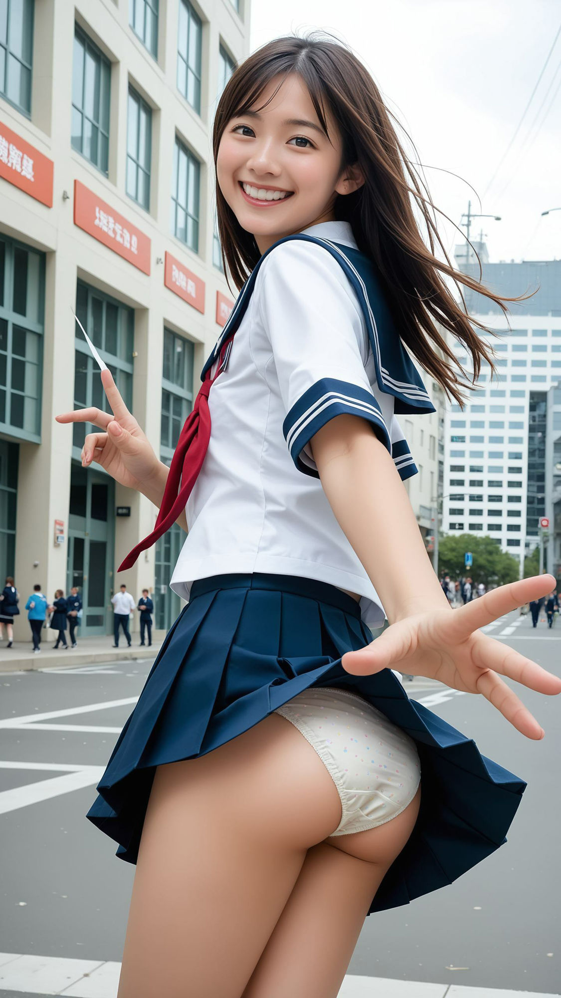 振り返りパンチラ。声をかけられ振り返った彼女に神風！ サンプル8ページ目