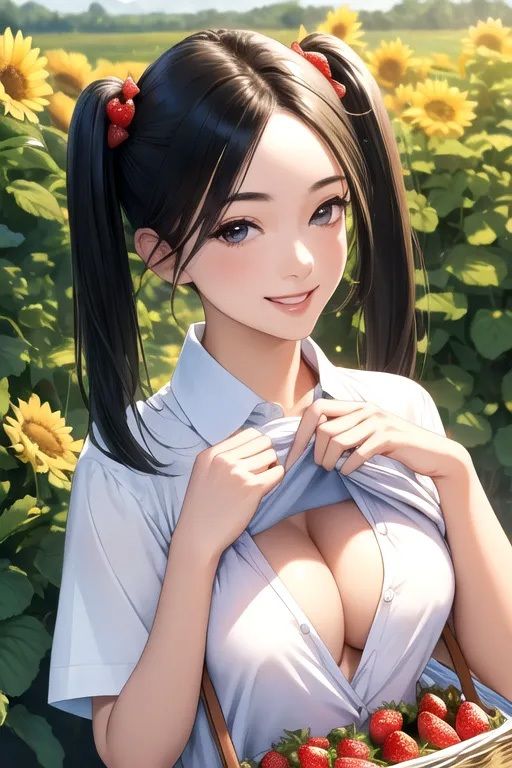 【CG集＋ストーリー動画】黒髪ツインテールの女の子といちご狩りを楽しんで… サンプル1ページ目
