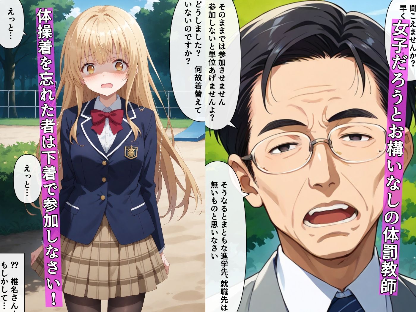 クラスメイトに全裸放尿を見られた椎名〇昼が当然脅される話 サンプル1ページ目