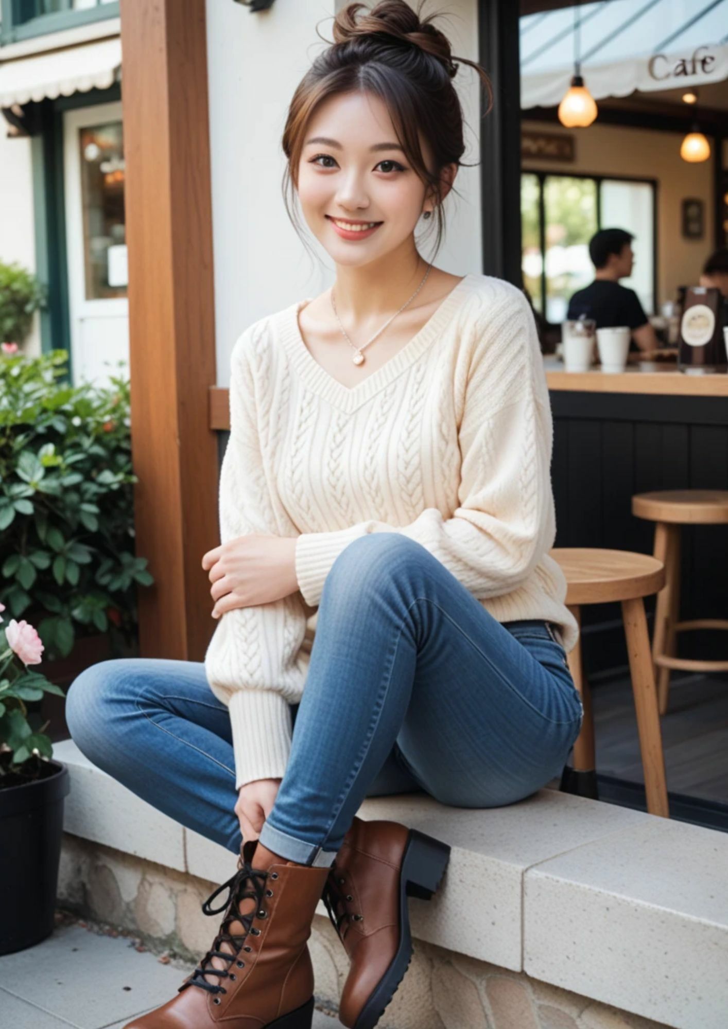 【AI美女画像集】カフェにいる綺麗なニットお姉さん編 たっぷり153ページ！ サンプル3ページ目