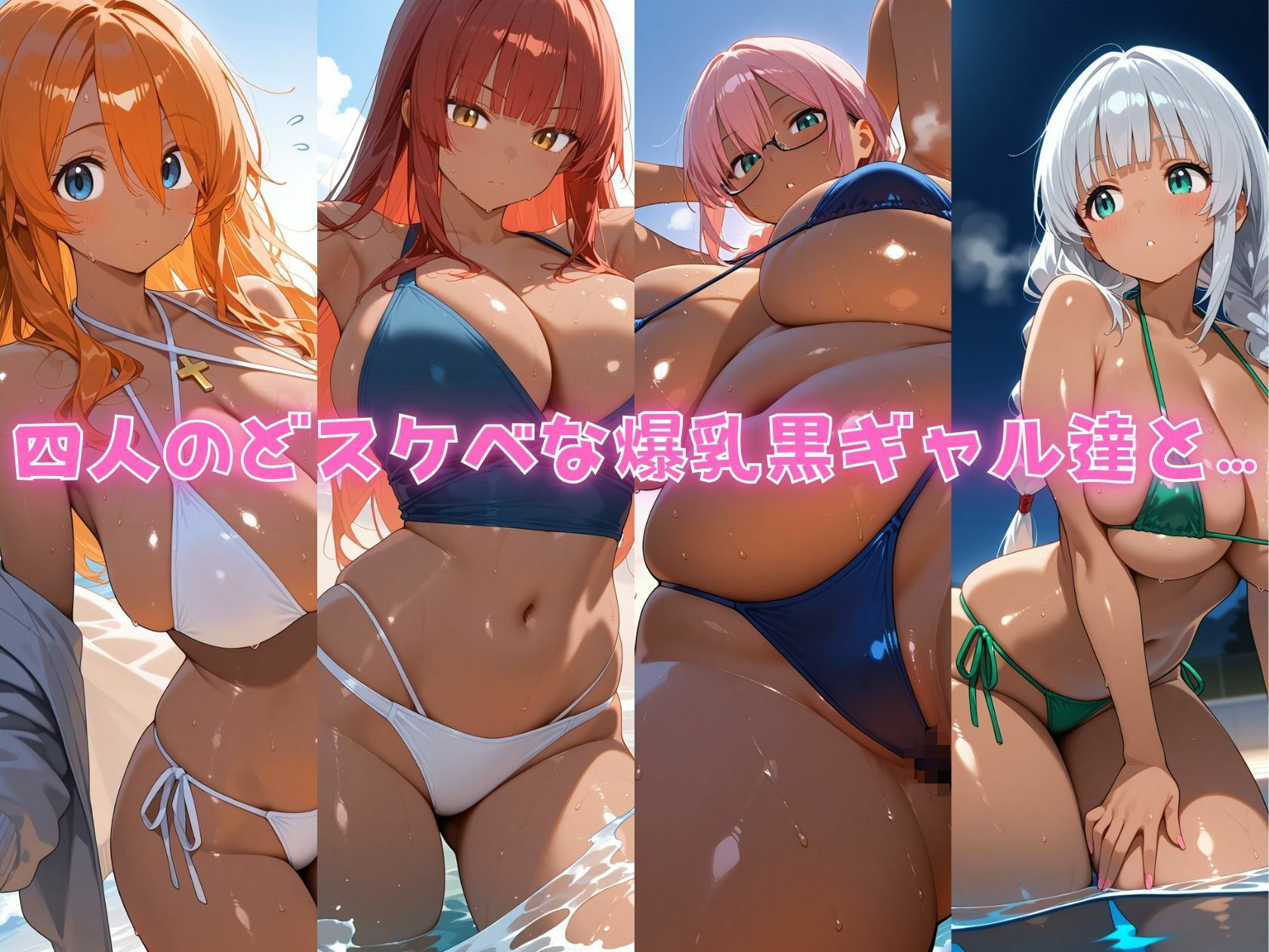 4人の爆乳黒ギャルとエロい水着汗だくSEX サンプル1ページ目