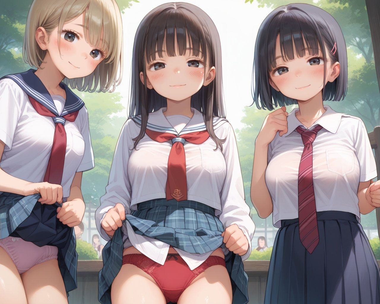 巨乳ロリ女子校生 神性処理ハーレム【NTR 女複数vs男1人 中出し】 巨乳女子校生のおっぱいを揺らして大量中出し！！ サンプル1ページ目