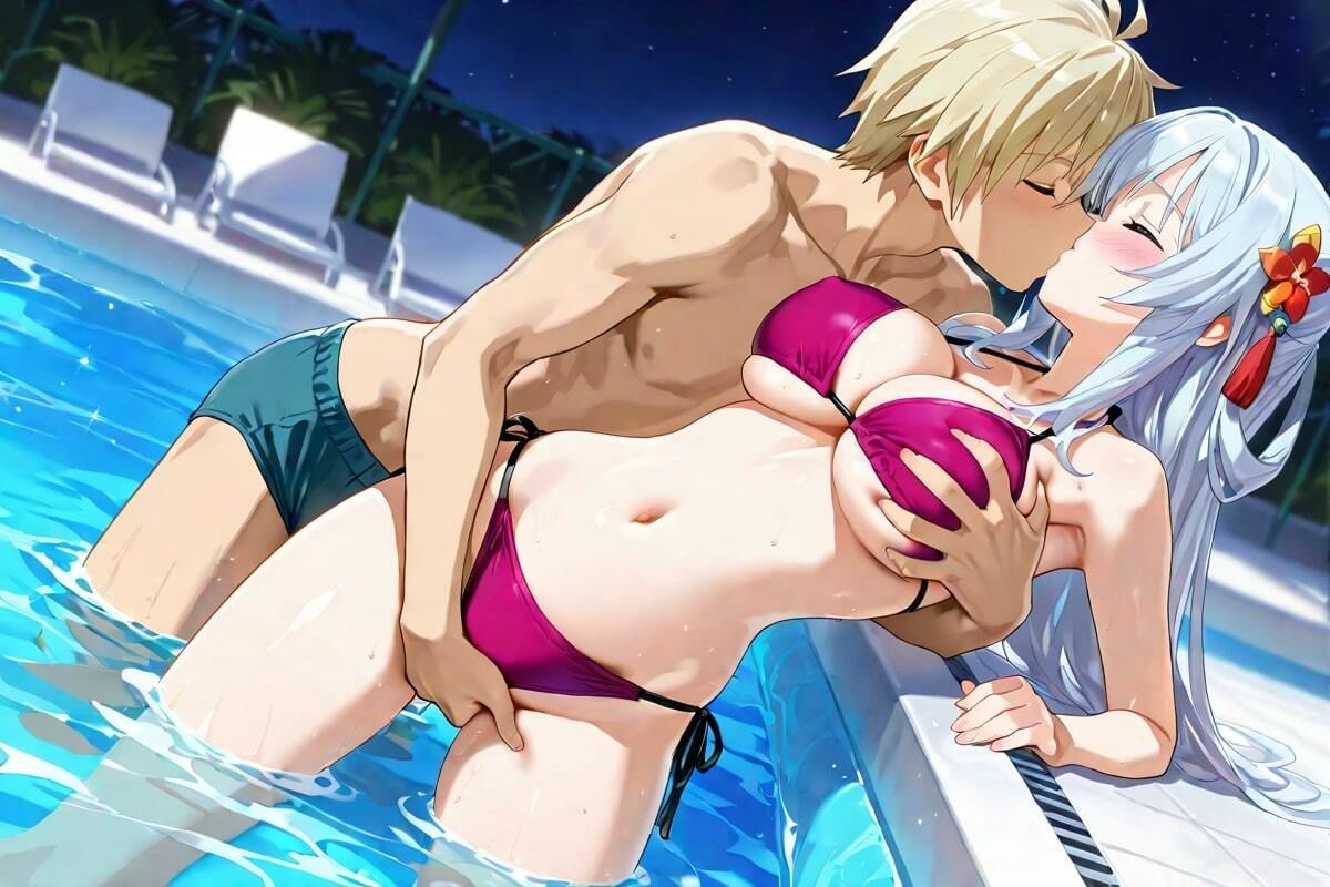 夜のプール、甘い吐息  キスと水音、二人だけの秘密 サンプル1ページ目