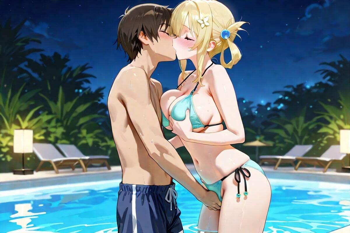 夜のプール、甘い吐息  キスと水音、二人だけの秘密 サンプル2ページ目