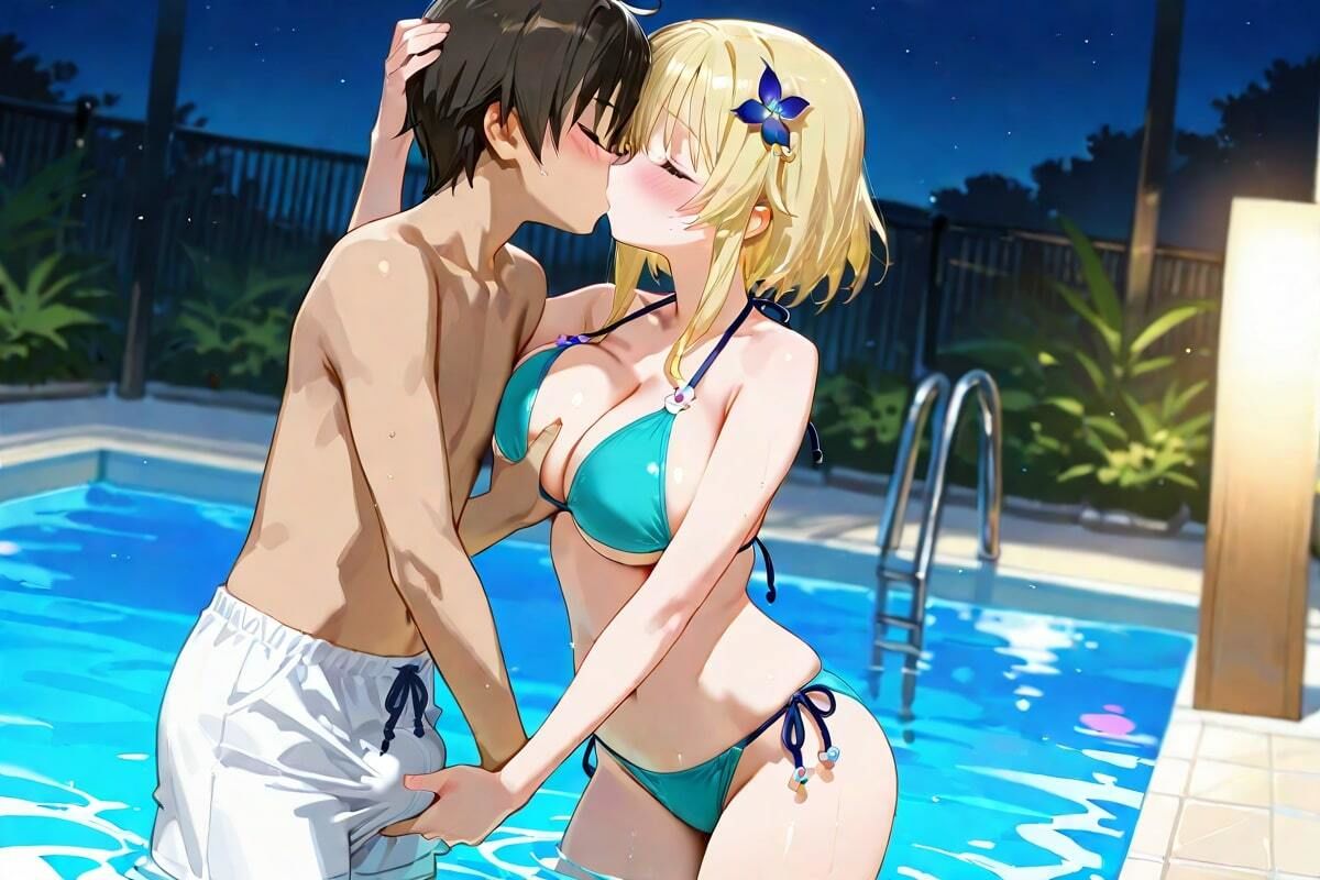 夜のプール、甘い吐息  キスと水音、二人だけの秘密 サンプル3ページ目