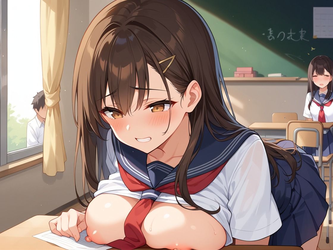 巨乳女子◯生  教室内で大胆M字開脚！？  全裸で着衣で恥じらいセ◯クス サンプル2ページ目