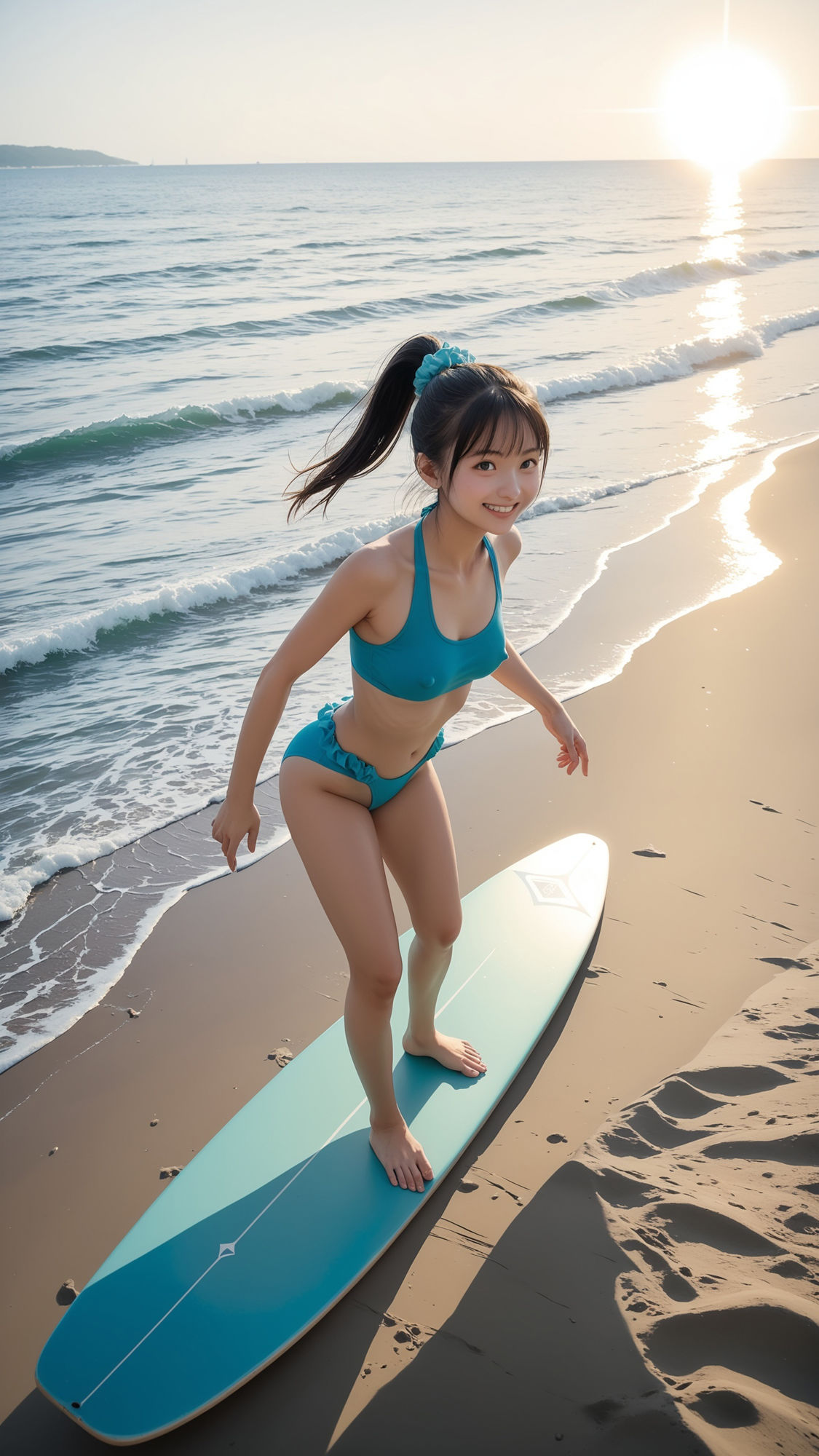 ひと足早い海開きで波乗りしている美女。 サンプル1ページ目