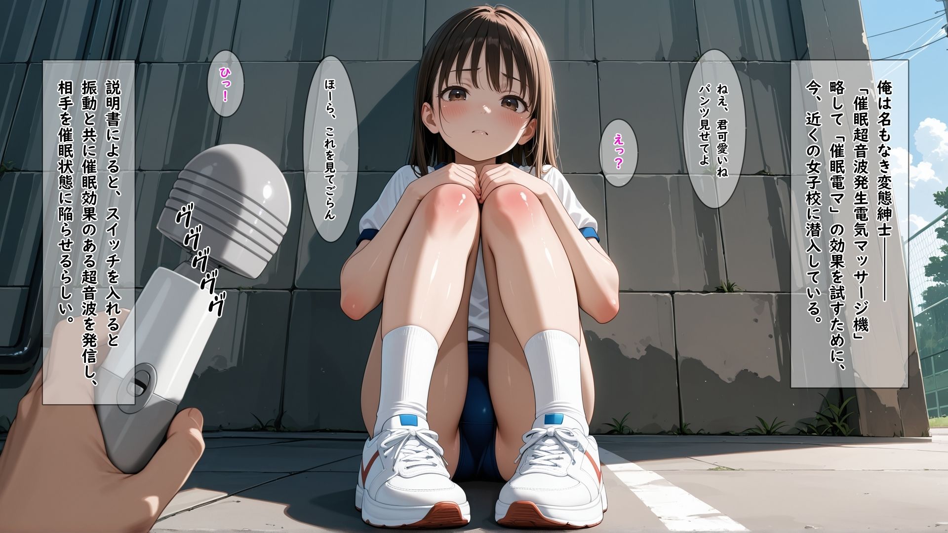 知らないオジに催●でパンツを脱がされ可愛いすじまんに電マを当てられ続けて何回イってもやめてもらえない女の子 サンプル1ページ目