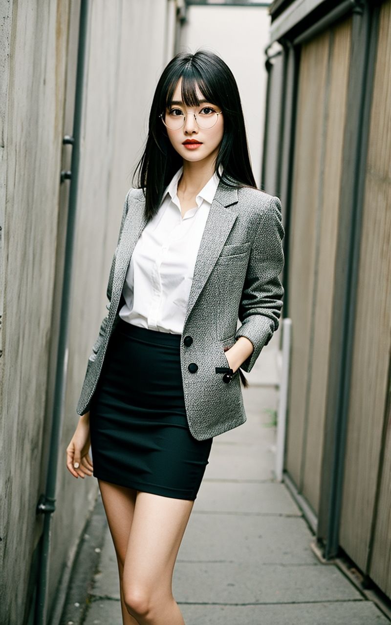 AI美女写真集┃眼鏡で階段の美女 サンプル1ページ目