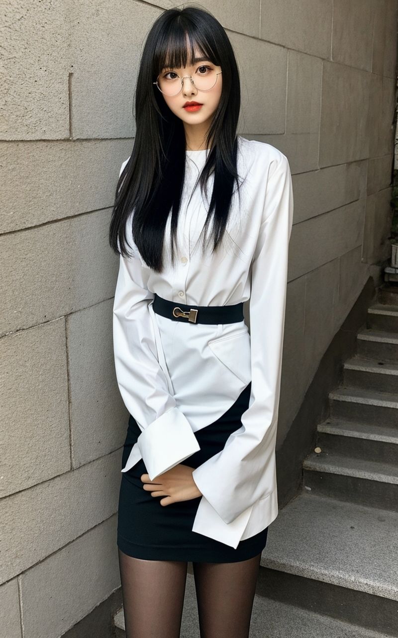 AI美女写真集┃眼鏡で階段の美女 サンプル2ページ目