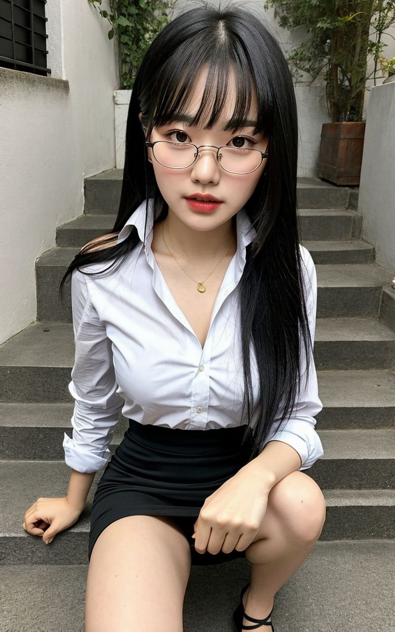 AI美女写真集┃眼鏡で階段の美女 サンプル5ページ目