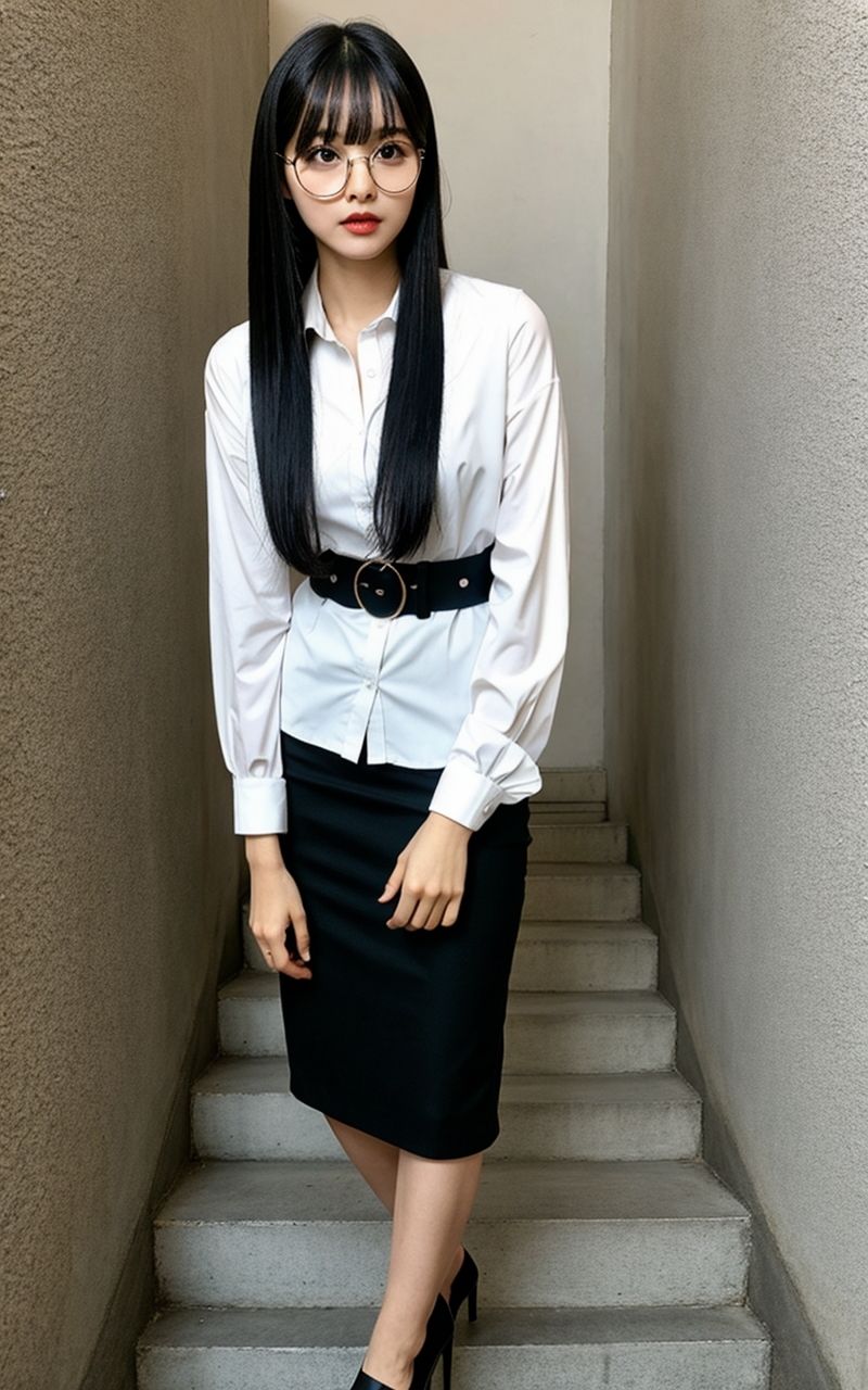 AI美女写真集┃眼鏡で階段の美女 サンプル9ページ目