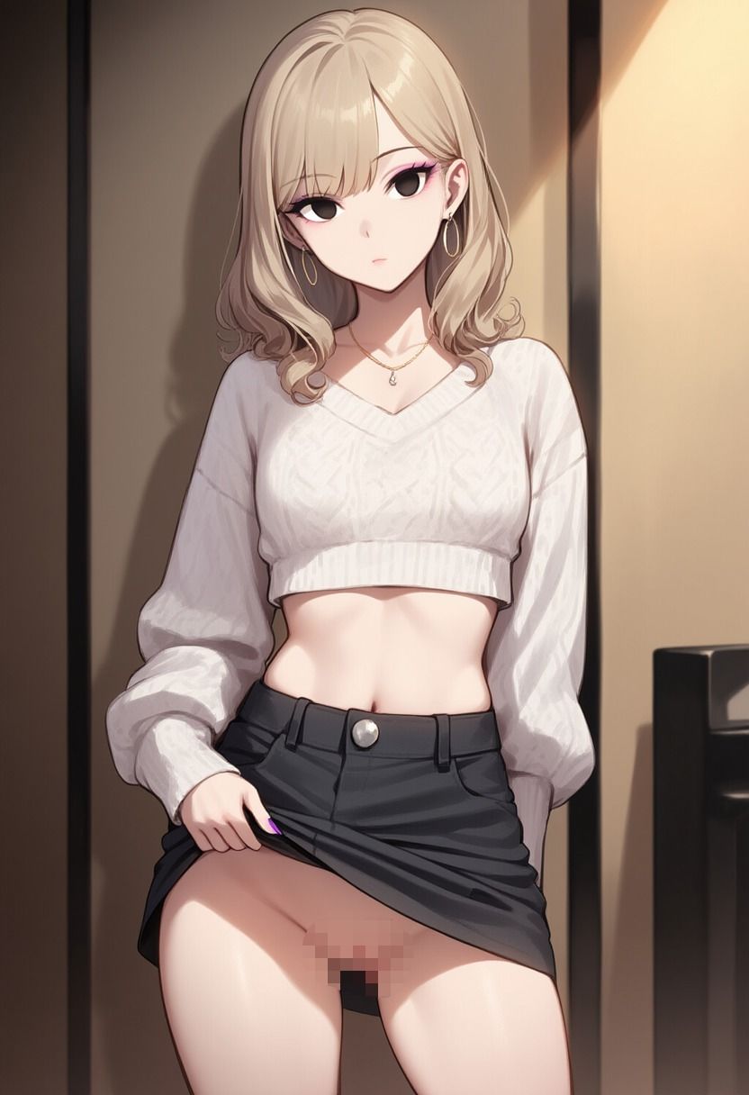 へそ出しギャルが催●にかかってスカートをたくし上げている画像 サンプル1ページ目
