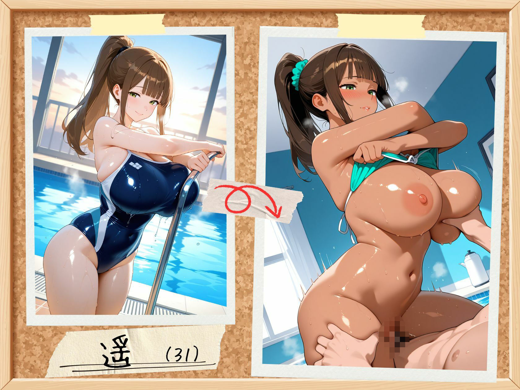 爆乳人妻＜-＞褐色人妻変身！スク水＆水着 サンプル9ページ目