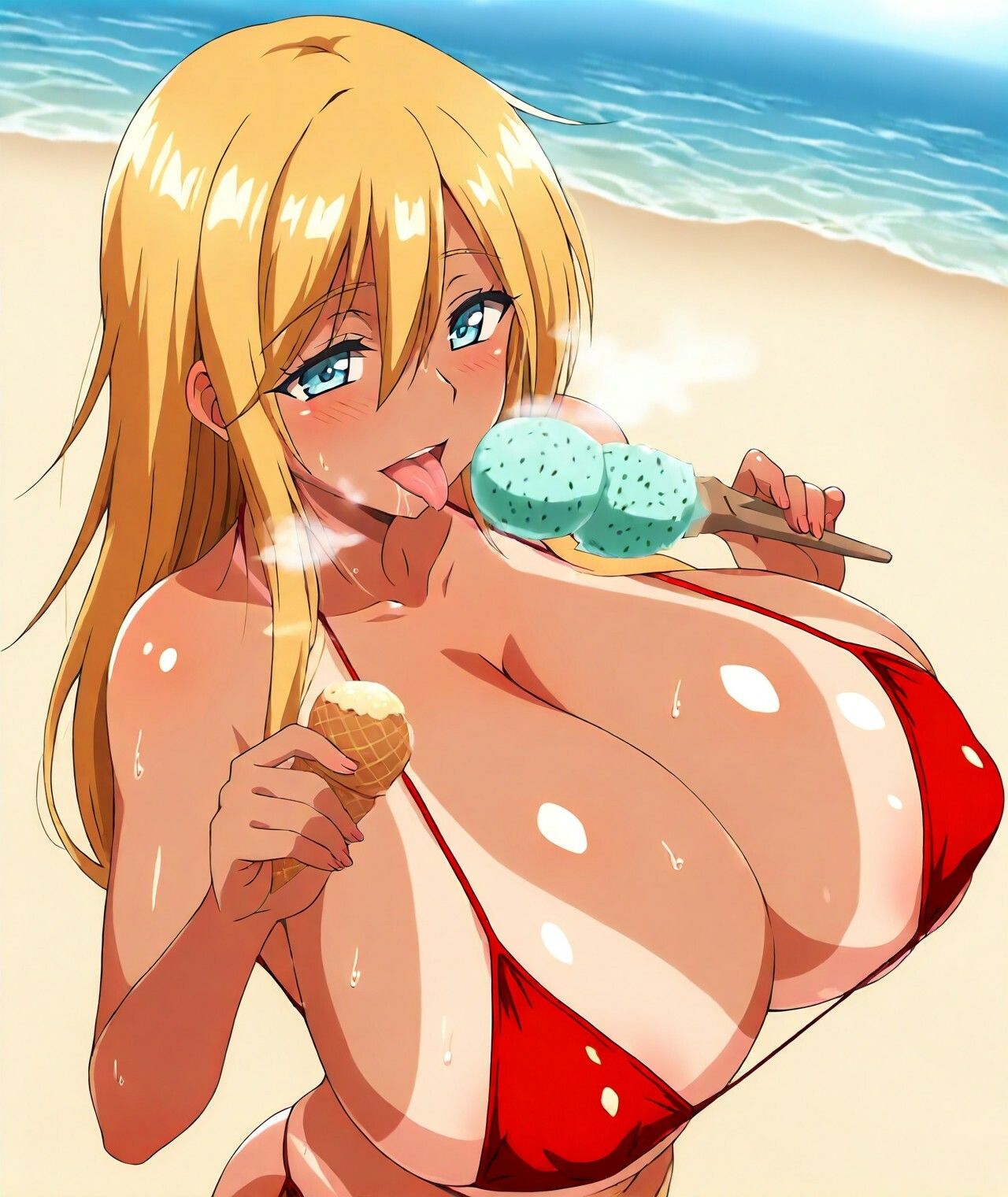 【ボイス作品B1対応】【断面図なし】赤ビキニコスプレ爆乳日焼けギャルママと海でラブラブH【複数アングル】【母乳なし】 サンプル10ページ目