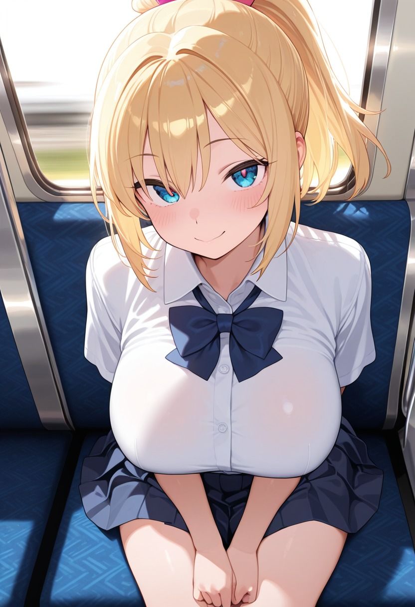 電車にエロい巨乳制服女子校生いたから俺のクソでかちんこ見せつけてやったらまさかの餓えたライオンのように食らいついてきた サンプル1ページ目