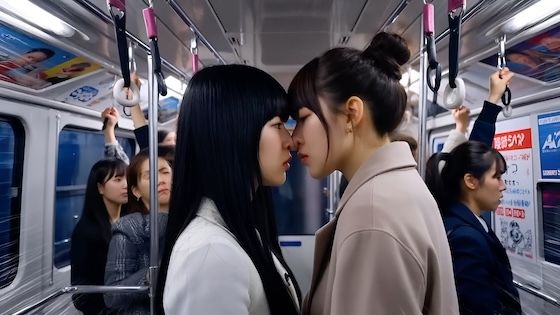 【満員電車2】鼻と鼻を押し付け合って睨み合う本妻と愛人。（キスあり） サンプル1ページ目