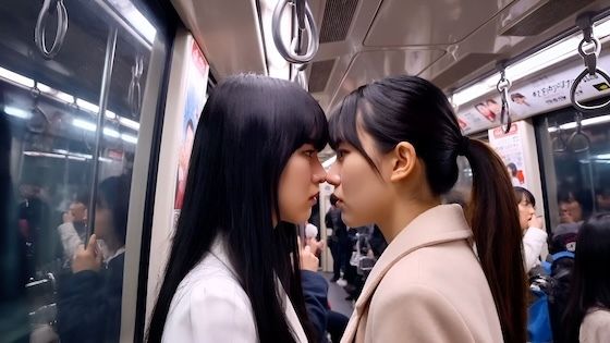 【満員電車2】鼻と鼻を押し付け合って睨み合う本妻と愛人。（キスあり） サンプル2ページ目