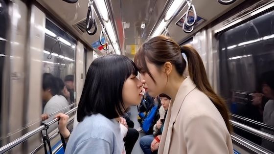 【満員電車2】鼻と鼻を押し付け合って睨み合う本妻と愛人。（キスあり） サンプル3ページ目