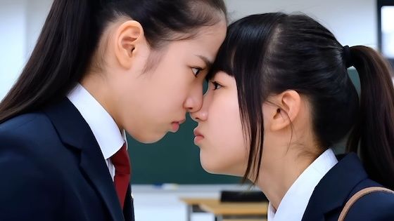 学校で好きな男子を巡って鼻と鼻とくっつけて言い争う女子校生 サンプル1ページ目