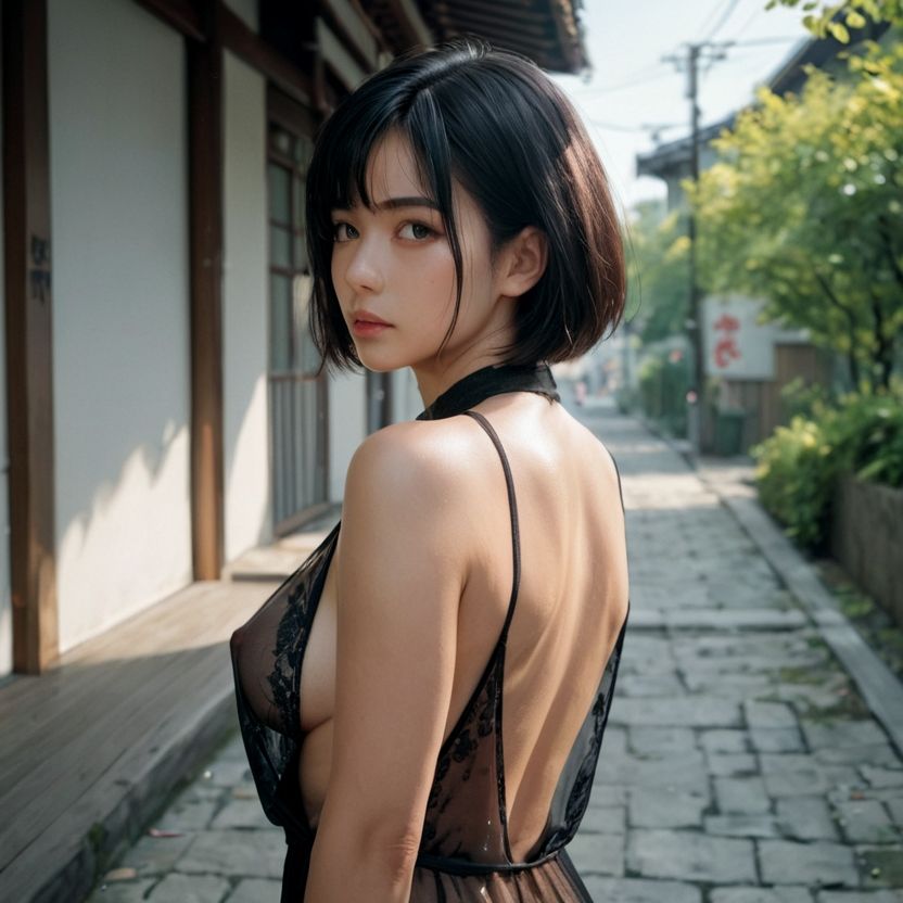 シースルーの透けたドレスが流行の時代の街角（セリフなし  AI画像集） サンプル10ページ目