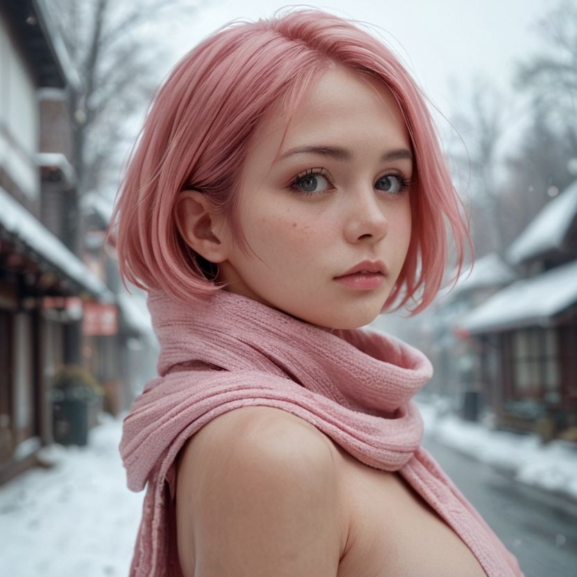 ピンクのショートヘアーのマフラー美女（セリフなし  AI画像集） サンプル8ページ目