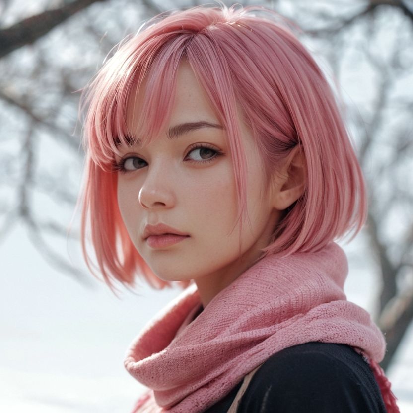 マフラーをしているピンク色のショートヘアの美女（セリフなし  AI画像集） サンプル1ページ目