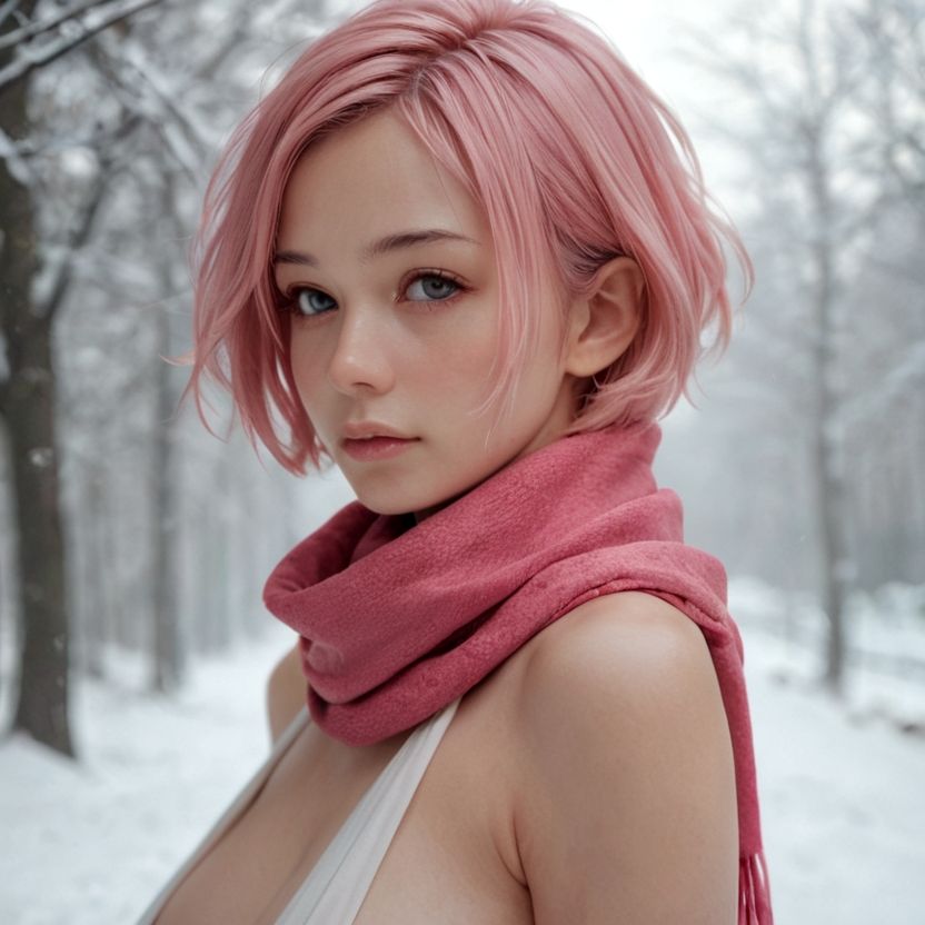 マフラーをしているピンク色のショートヘアの美女（セリフなし  AI画像集） サンプル6ページ目