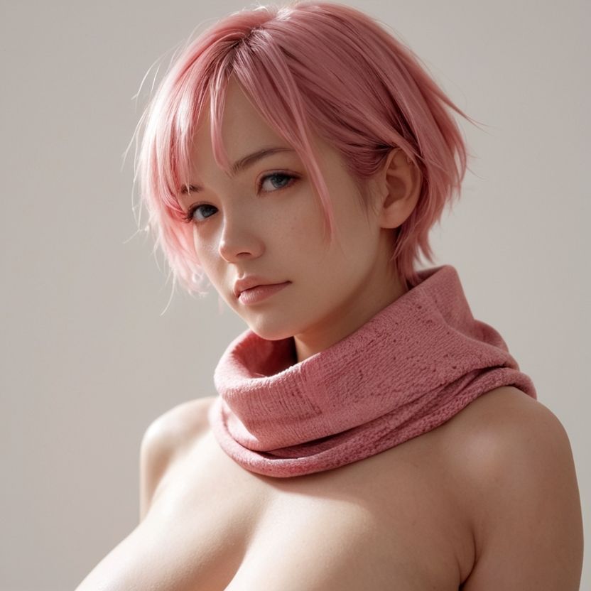 マフラーをしているピンク色のショートヘアの美女（セリフなし  AI画像集） サンプル9ページ目