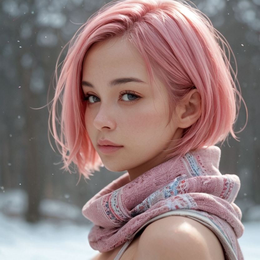 マフラーをしているピンク色のショートヘアの美女（セリフなし  AI画像集） サンプル10ページ目