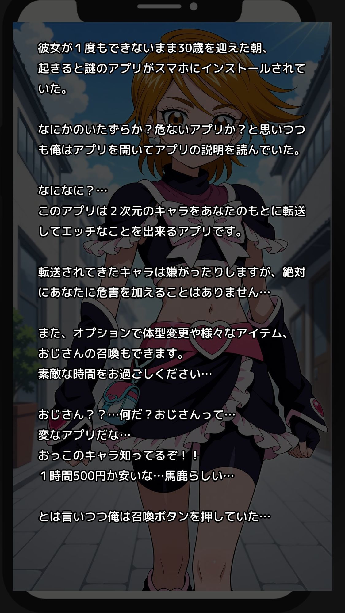 【一部セリフつき】Deliサモ☆ 美少女とおじさん強●召喚アプリ - 黒い光の使者編 - サンプル1ページ目