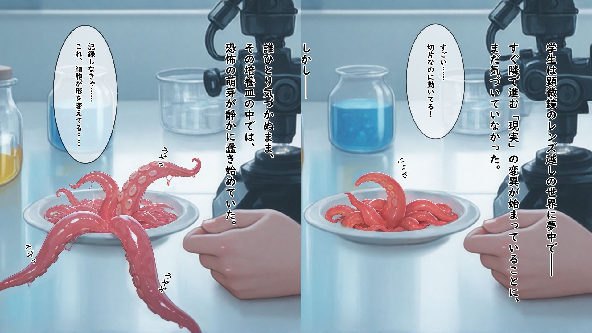 異形の生物に触手で拘束されたまま全身の性感帯を同時に嬲られて何回イってもやめてもらえない女の子 サンプル2ページ目