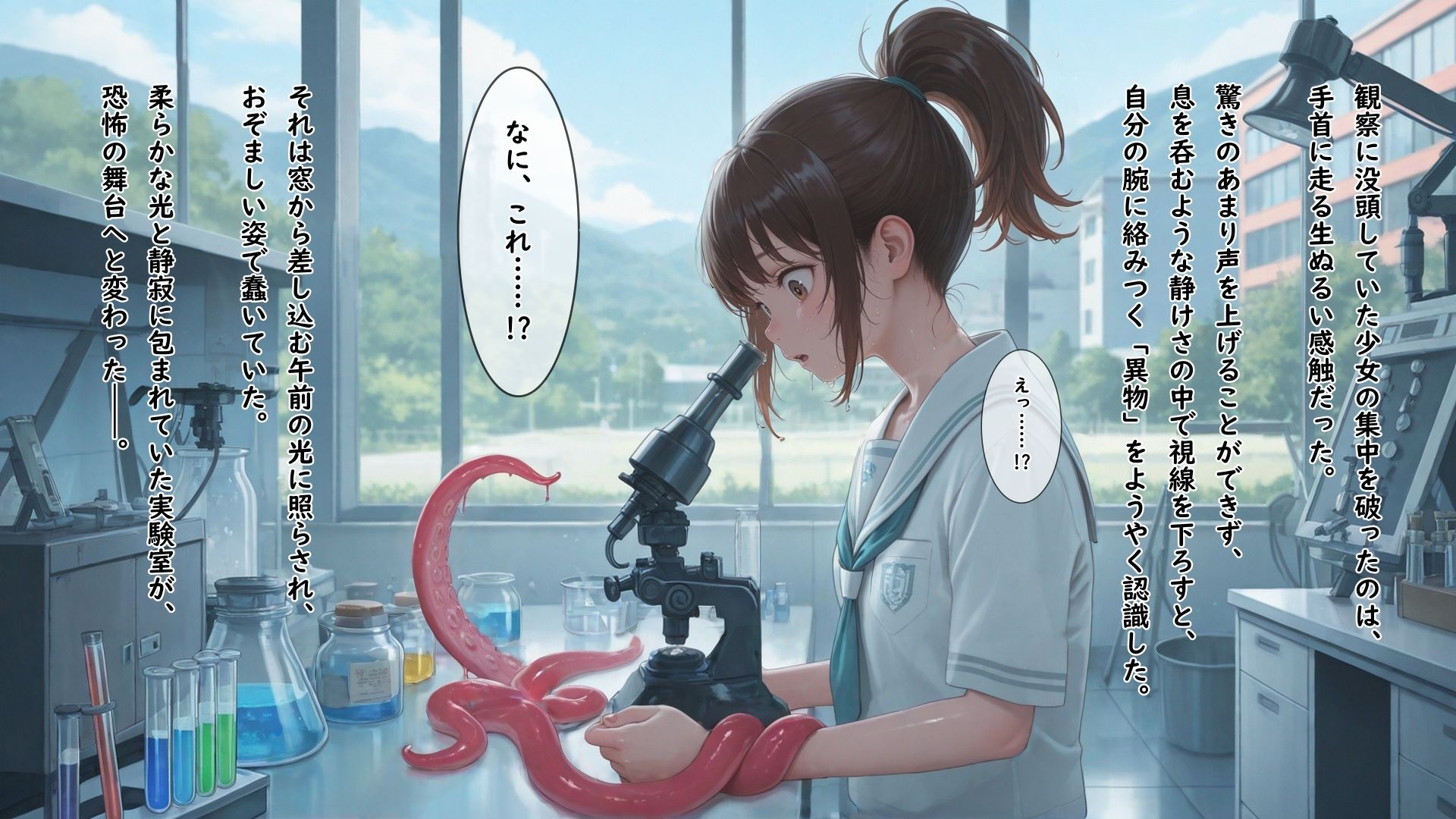 異形の生物に触手で拘束されたまま全身の性感帯を同時に嬲られて何回イってもやめてもらえない女の子 サンプル3ページ目