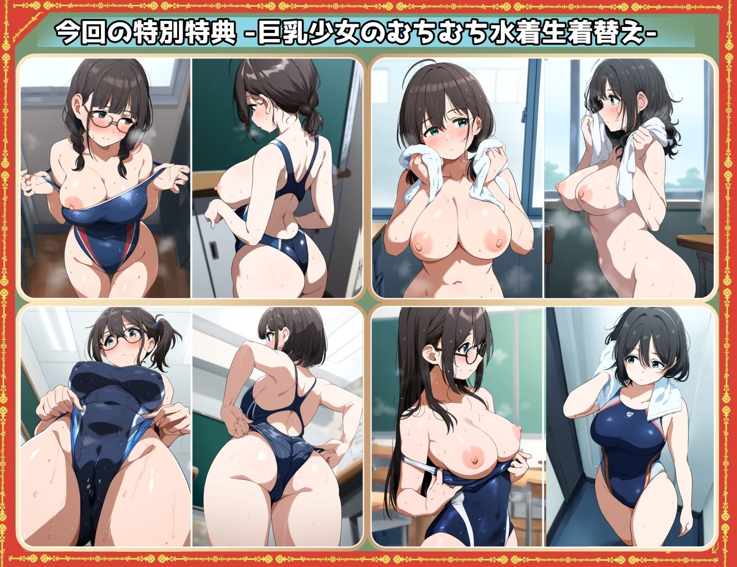 盗撮＆濡れ透けフェチ特化 2020年代アニメ作画特集 濡れ透け少女たちの教室生着替え その3 -巨乳少女編- 500枚を撮影- サンプル5ページ目