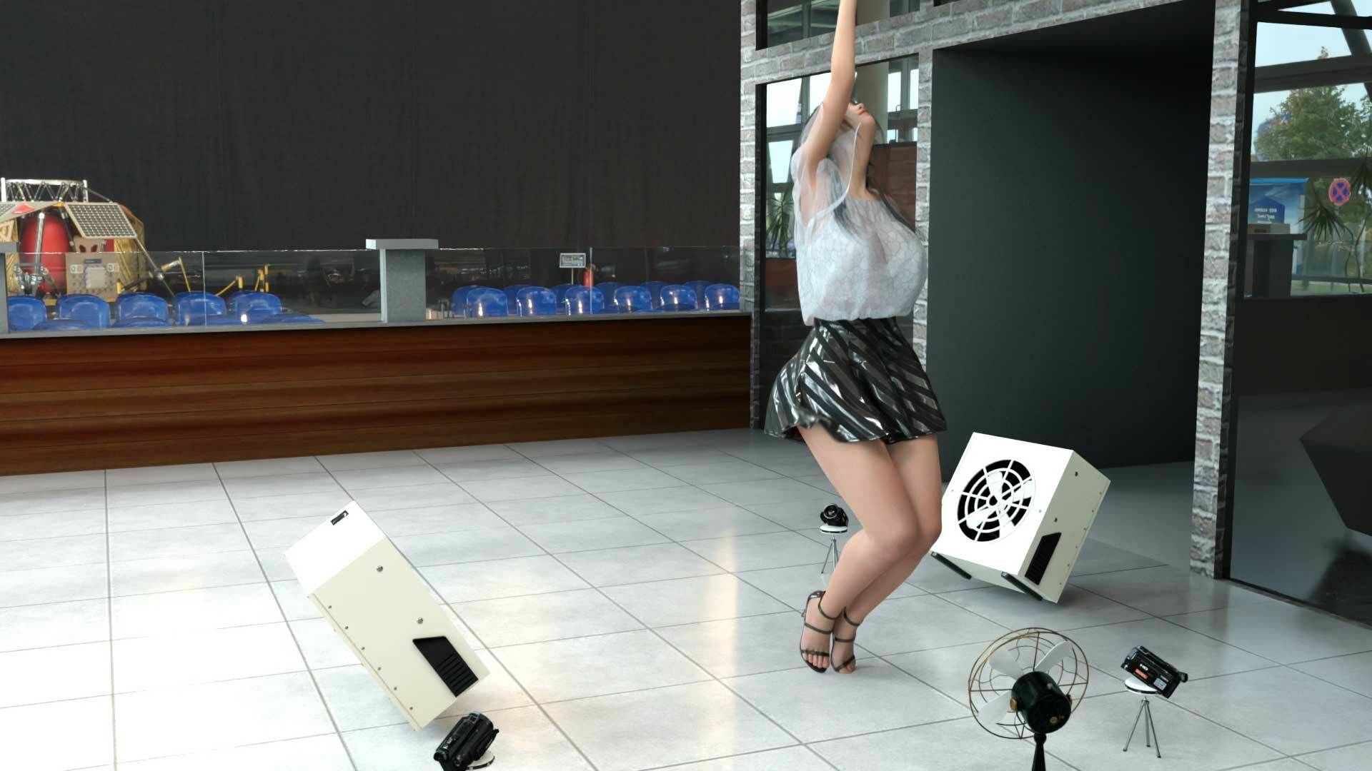 女子アナになった二階堂沙耶・早朝のニュース番組の冒頭でミニスカートでダンスすることを業務命令で強要される・ダンスVer.3:Vol.06『ただの話題作りとのことで電源OFF（のはず）のカメラが4台、ローアングルから彼女のスカート内を覗き込むように設置されている:PV06_パンスト＋水色Tバックパンティで扇風機風チラ』 サンプル4ページ目