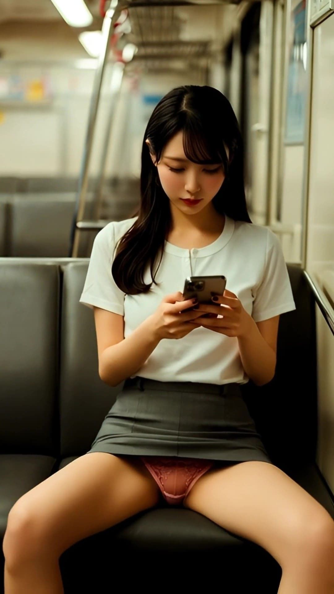 揺れる電車内、スマホに夢中な女子たちの無防備に開く美脚からパンチラ拝見！ サンプル2ページ目