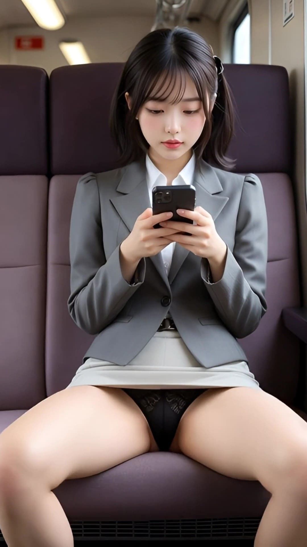 揺れる電車内、スマホに夢中な女子たちの無防備に開く美脚からパンチラ拝見！ サンプル4ページ目