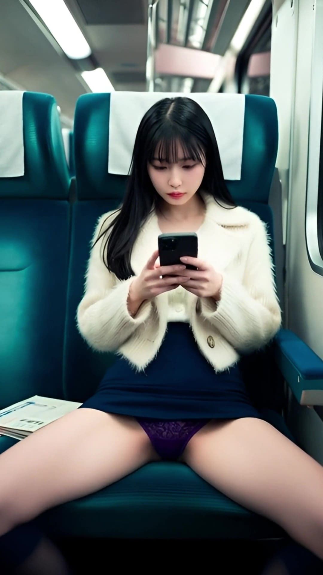揺れる電車内、スマホに夢中な女子たちの無防備に開く美脚からパンチラ拝見！ サンプル5ページ目