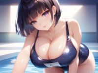 緑色ロングでセーラー服を着た女の子と黒髪ボブスタイルで水着の女の子 サンプル1ページ目