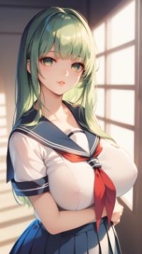 緑色ロングでセーラー服を着た女の子と黒髪ボブスタイルで水着の女の子 サンプル4ページ目