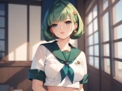 ボブスタイル髪でセーラーを着た黒髪と緑髪の女の子 サンプル1ページ目