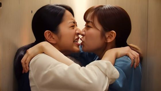 （ボイス有り）壁に挟まれ身動きが取れない中で鼻と鼻がぶつかって言い争いになるふたり。 サンプル1ページ目