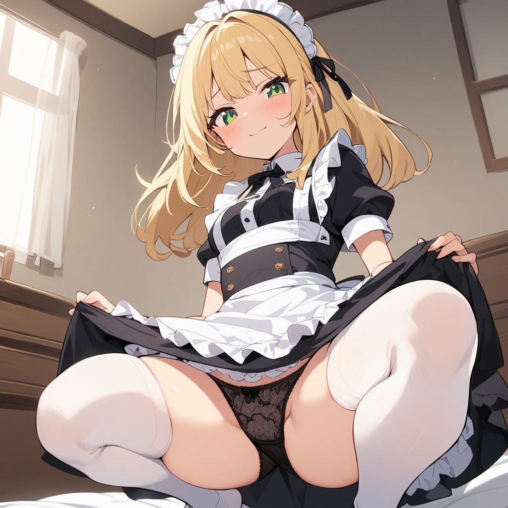 メイド服でしゃがみ＆またがりでパンチラ サンプル4ページ目
