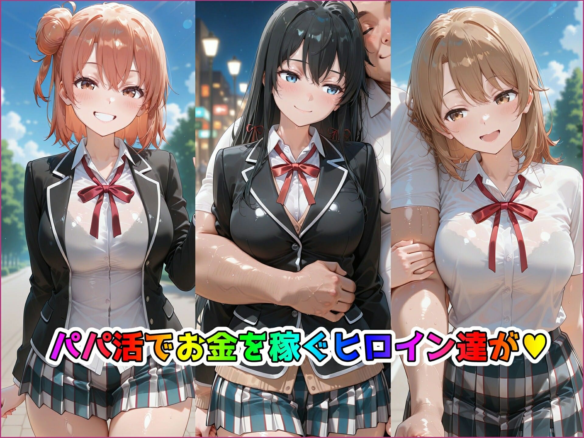パパ活ヒロインと膣内射精えっちする話  俺ガ〇ルの三人編  由比ヶ浜〇衣＆雪ノ〇雪乃＆一色〇ろは サンプル2ページ目