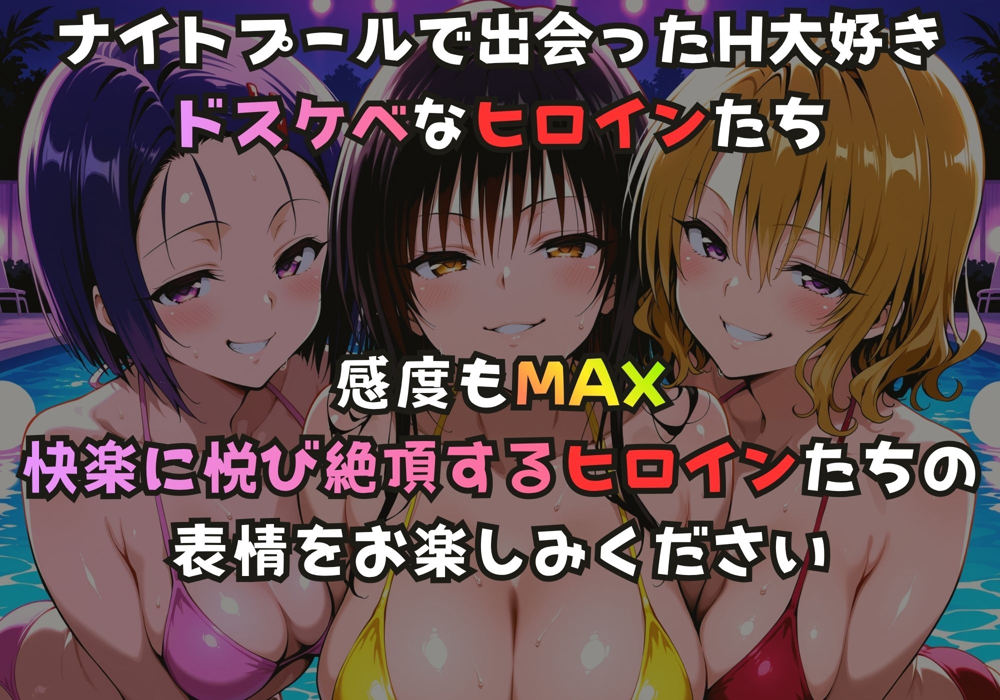 ナイトプールでガンギマるドスケベヒロイン 古手川〇＆西連寺〇菜＆籾岡〇紗 サンプル1ページ目